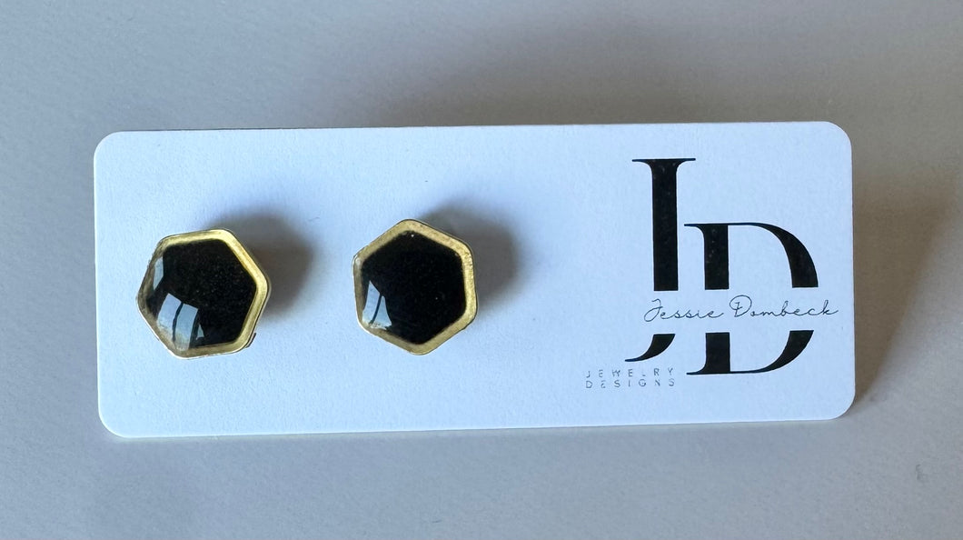Gold Lined Black Resin Hexagon Studs