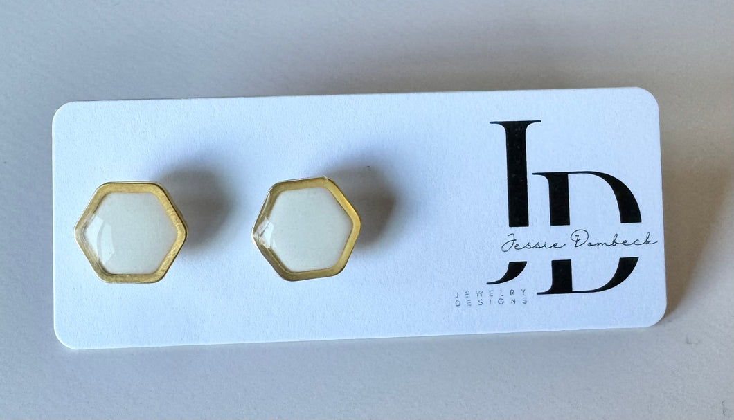 Gold Lined White Resin Hexagon Studs