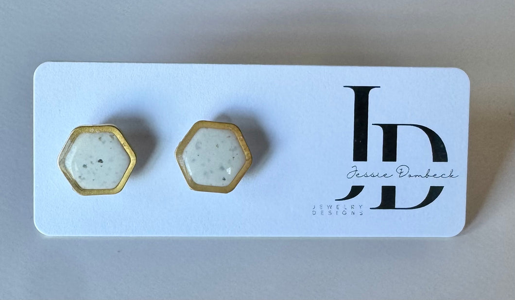 Gold Lined Speckled White Resin Hexagon Studs