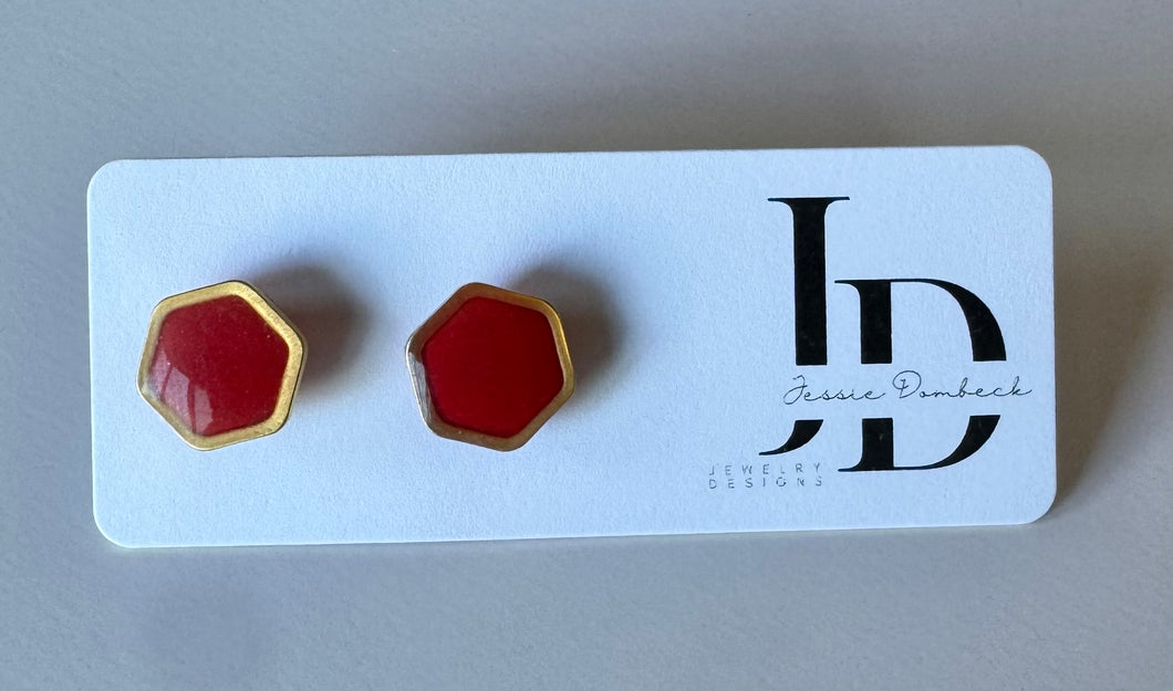 Gold Lined Red Resin Hexagon Studs