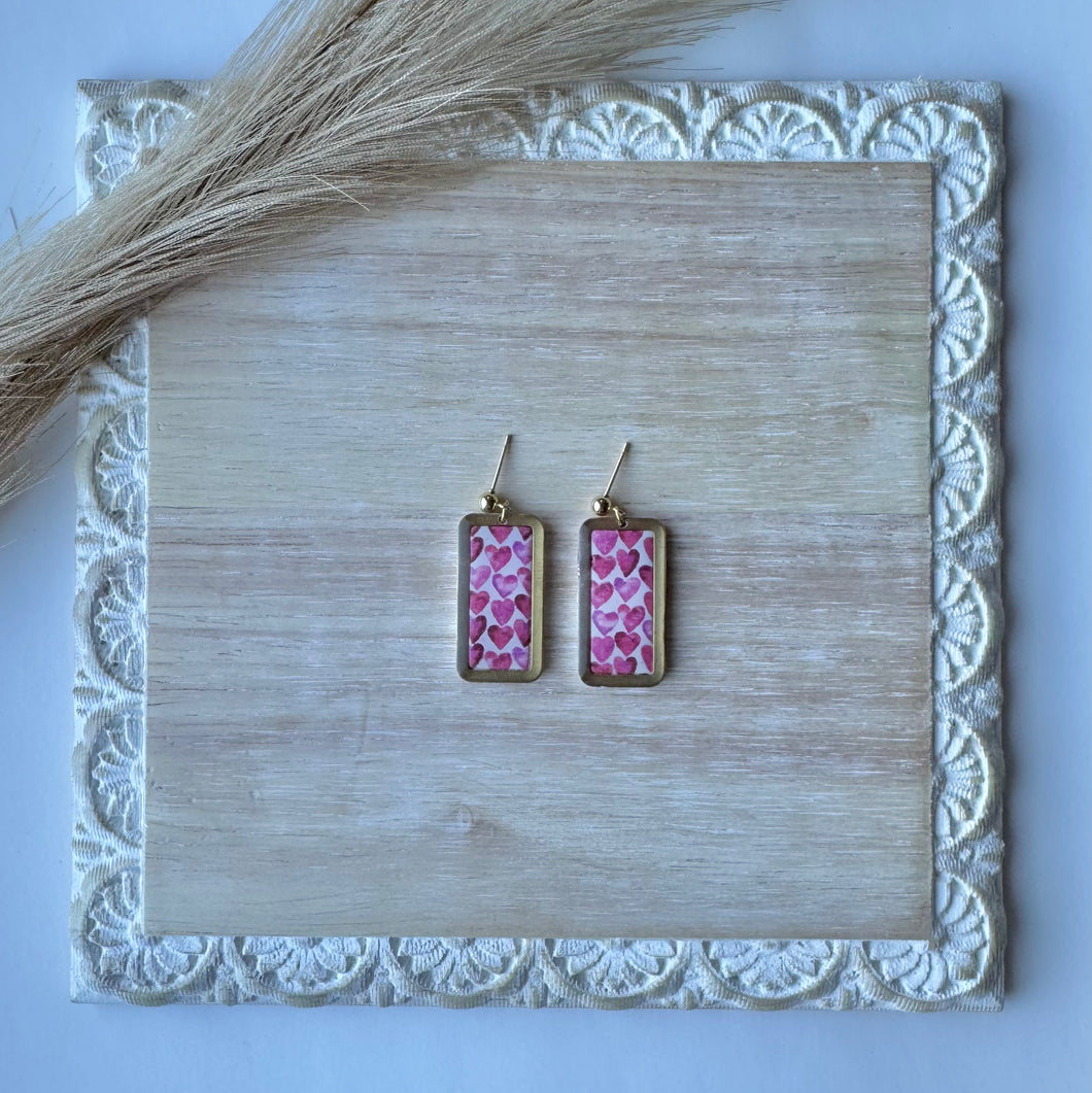 Gold Lined Pink Heart Pattern Dangles